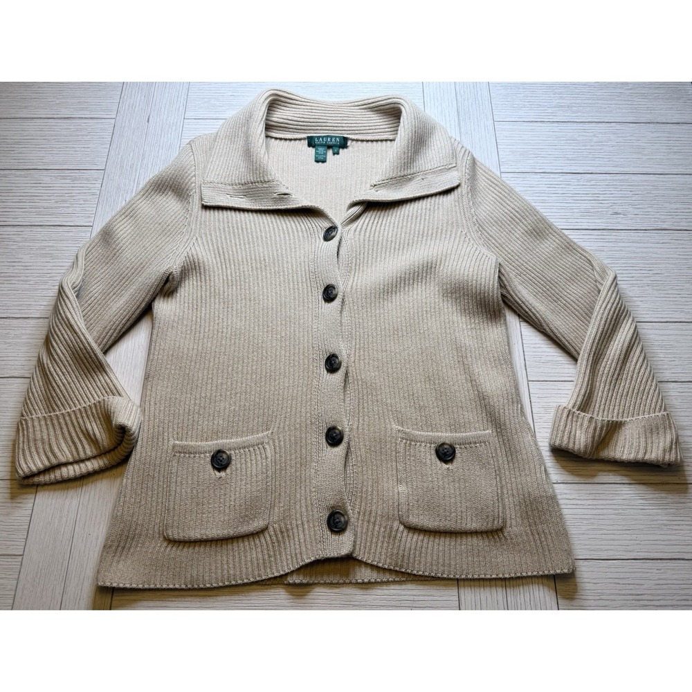 Lauren Ralph Lauren Sz S 100% Cotton Tan Button Up Shawl Collar Cardigan Sweater